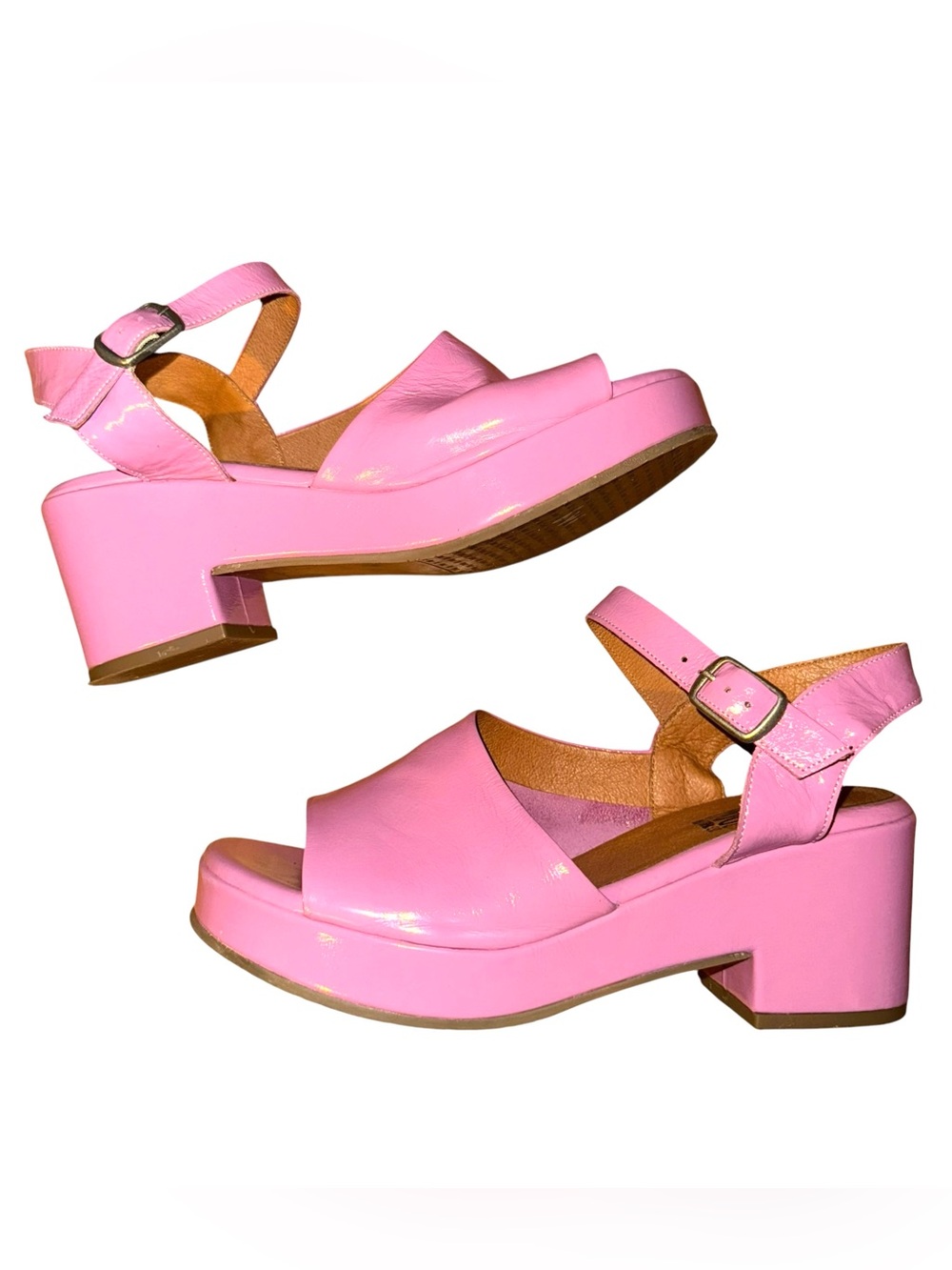 Miz Mooz 7.5-8 Bubblegum Gaia Pink Patent Block Heel Sandals, Retro,fun,barbie